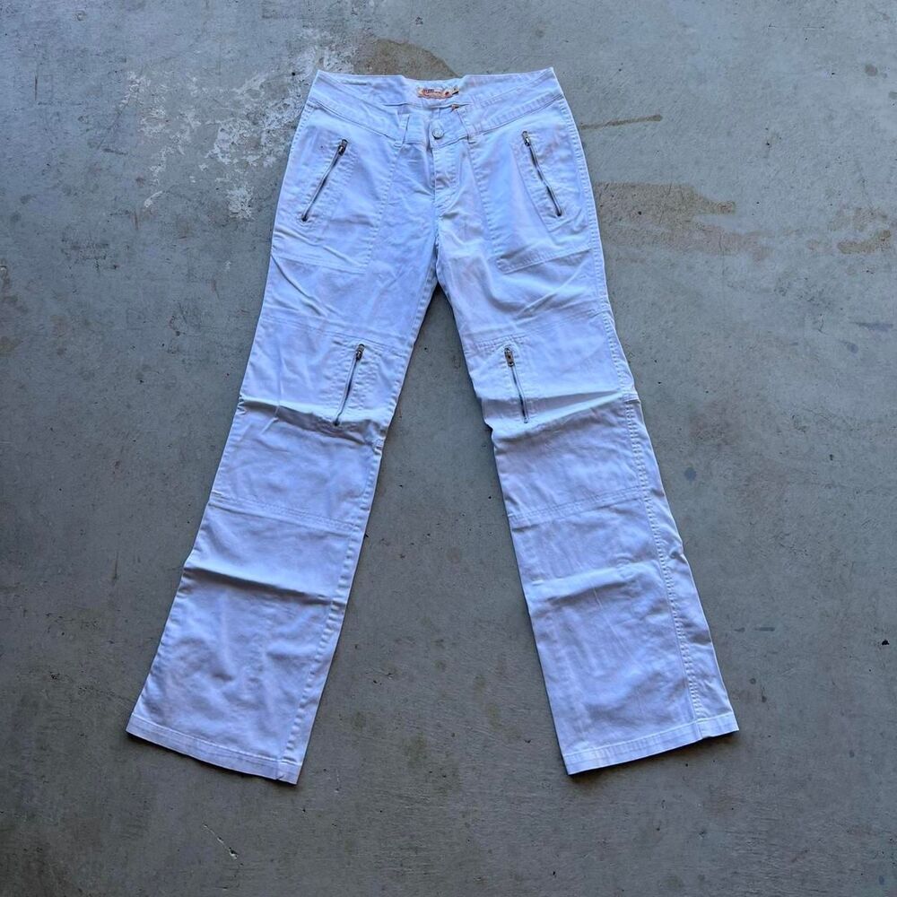 White Joy Jeans low-rise straight-leg pants with zippers on the sides